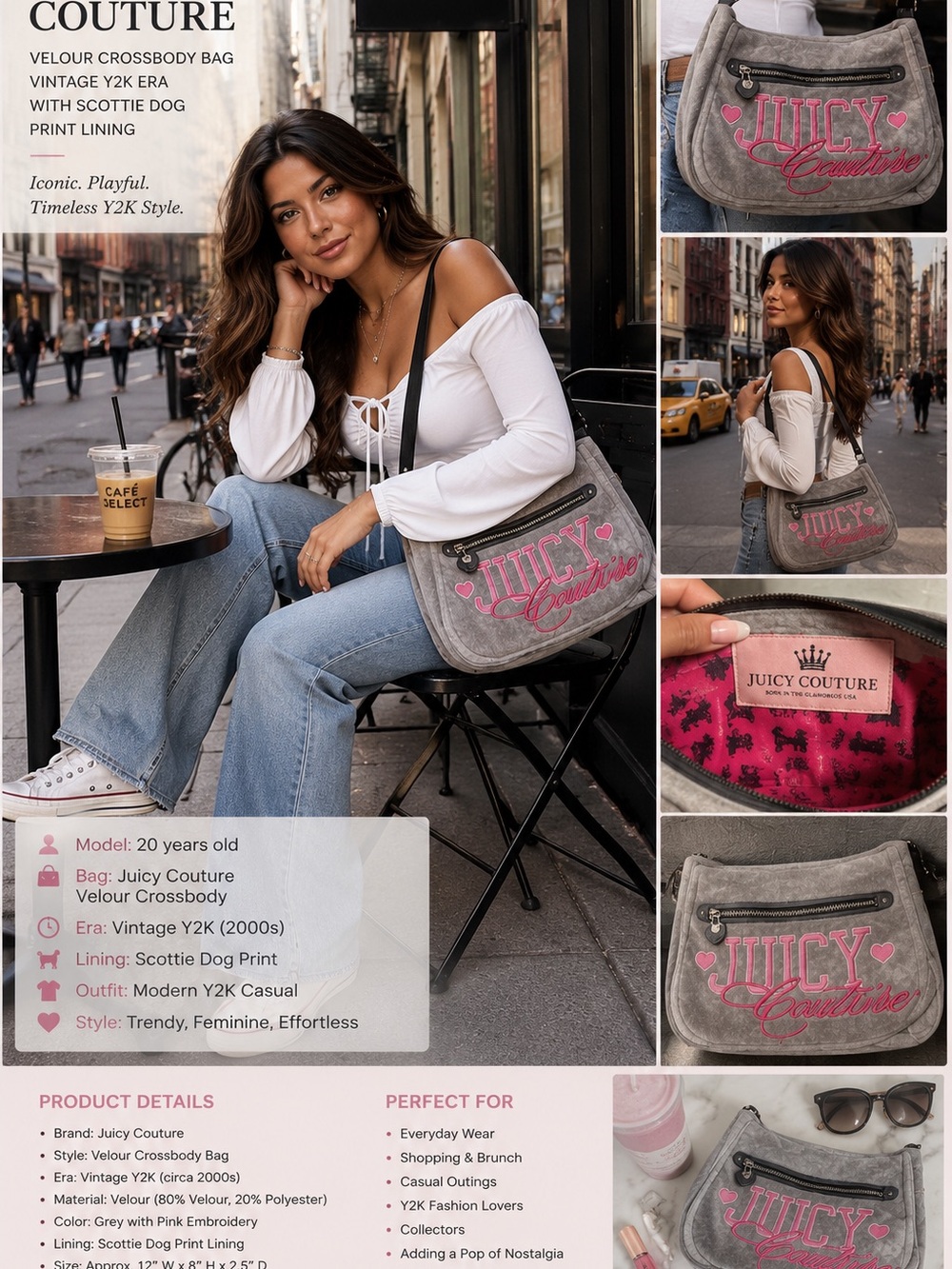Juicy Couture Gray Velour Crossbody with Pink Embroidered Logo
